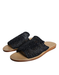 Dolce & Gabbana Black Monochrome Braided Raffia Slides Shoes