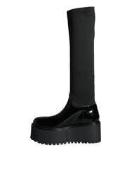 Dolce & Gabbana Black Leather Jersey Knee High Boots Shoes