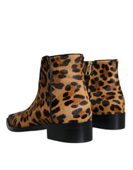 Dolce & Gabbana Brown Leopard Calf Fur Ankle Boots Shoes