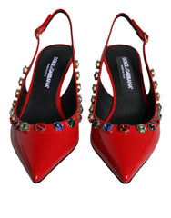 Dolce & Gabbana Red Leather Crystal Heels Slingback Shoes