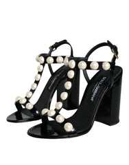 Dolce & Gabbana Black Leather Pearls T-strap Sandals Shoes