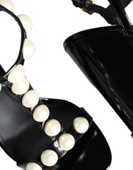 Dolce & Gabbana Black Leather Pearls T-strap Sandals Shoes