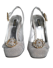 Dolce & Gabbana Silver Crystal Slingback Heels Sandals Shoes