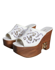 Dolce & Gabbana White Leather Wood Mules Wedge Slides Shoes