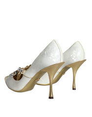 Dolce & Gabbana White Mary Jane Crystal Bow Pearl Pumps Shoes