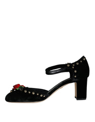 Dolce & Gabbana Black Velvet Roses Ankle Strap Pumps Shoes