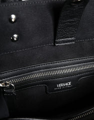 Versace Black Top Handle Canvas Leather Logo Crossbody Tote Bag