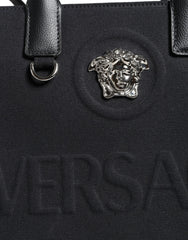 Versace Black Top Handle Canvas Leather Logo Crossbody Tote Bag