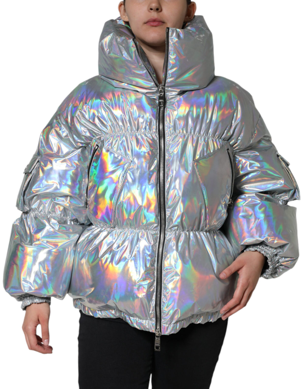 Dolce & Gabbana Silver Iridescent Puffer Full Zip Coat Jacket