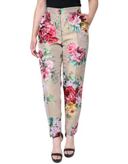 Dolce & Gabbana Beige Floral Jacquard High Waist Tapered Pants