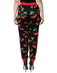 Dolce & Gabbana Black Red Cherry Mid Waist Jogger Pants