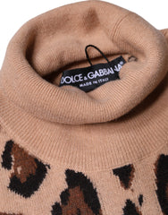 Dolce & Gabbana Beige Leopard Print Wool Turtleneck Top