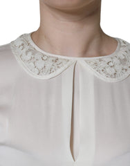 Dolce & Gabbana Off White Silk Lace Trimmed 3/4 Sleeves Blouse Top