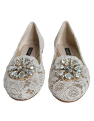 Dolce & Gabbana White Lace Crystal Ballet Flats Loafers Shoes