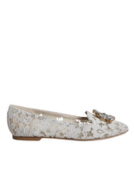 Dolce & Gabbana White Lace Crystal Ballet Flats Loafers Shoes