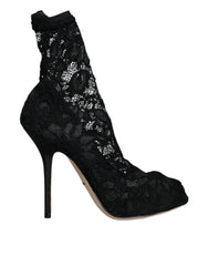 Dolce & Gabbana Black Lace Stretch Heels Mid Calf Boot Shoes