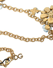 Dolce & Gabbana Gold Brass Chain Crystal Floral Pendant Charm Necklace