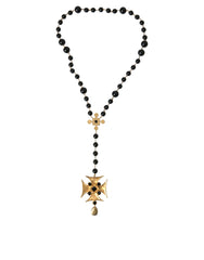 Dolce & Gabbana Gold Tone Brass Cross Black Beaded Chain Rosary Necklace