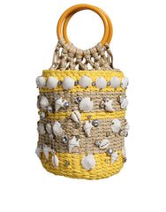 Dolce & Gabbana Beige Yellow Rafia Seashells Crystal Bucket Bag