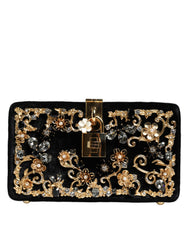 Dolce & Gabbana Black Velvet Floral Crystal Clutch Evening Purse Bag