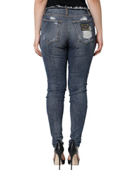 Dolce & Gabbana Blue Cotton Stretch Tattered Skinny Jeans