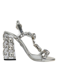 Dolce & Gabbana Silver Leather T-strap Crystal Sandals Shoes