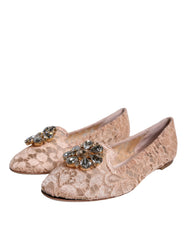 Dolce & Gabbana Beige Lace Crystal Ballet Flats Loafers Shoes