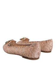 Dolce & Gabbana Beige Lace Crystal Ballet Flats Loafers Shoes