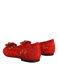 Dolce & Gabbana Red Lace Crystal Ballet Flats Loafers Shoes