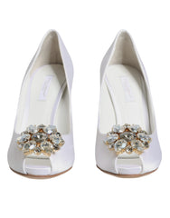 Dolce & Gabbana White Crystals Peep Toe Satin Pumps Shoes