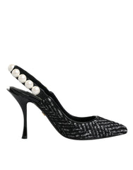 Dolce & Gabbana White Black Chevron Faux Pearl Slingback Shoes