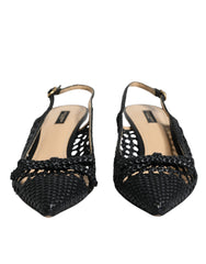 Dolce & Gabbana Black Leather Woven Heels Slingback Shoes