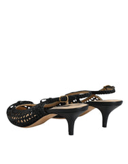 Dolce & Gabbana Black Leather Woven Heels Slingback Shoes