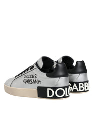 Dolce & Gabbana Silver Calf Leather Portofino Sneakers Shoes