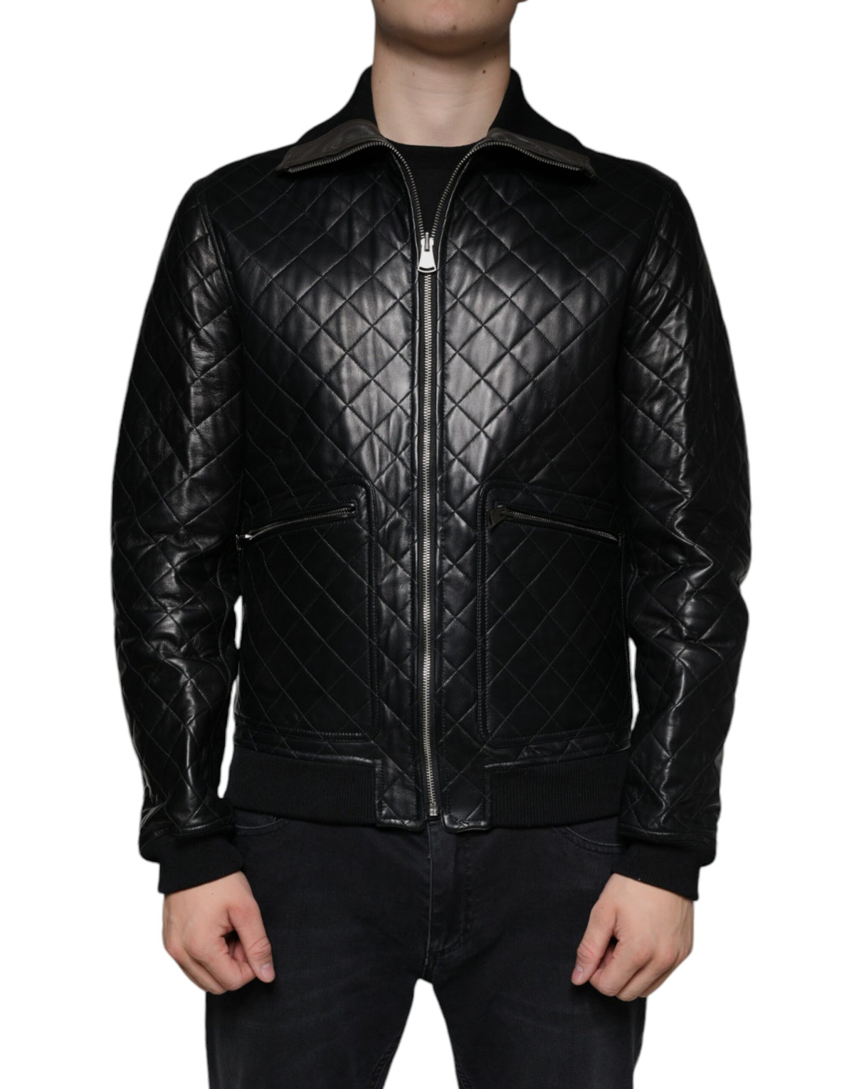 Dolce & Gabbana Black Calf Leather Quilted Full Zip Jacket