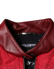 Dolce & Gabbana Red Quilted Bomber Gold Crown Logo Jacket