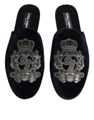 Dolce & Gabbana Black Velvet DG Crown Embroidery Slides Shoes