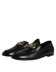 Dolce & Gabbana Black Leather Logo Slip On Loafers Shoes