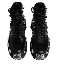 Dolce & Gabbana Black Leather Studded Trekking Boots Shoes