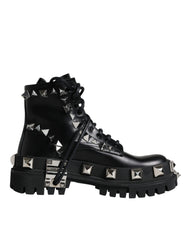 Dolce & Gabbana Black Leather Studded Trekking Boots Shoes