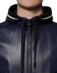 Dolce & Gabbana Blue Leather Full Zip Hooded Bomber Jacket