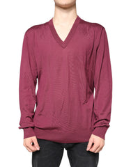 Dolce & Gabbana Maroon Cashmere V-neck Men Pullover Sweater