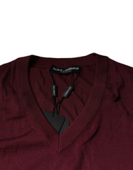 Dolce & Gabbana Maroon Cashmere V-neck Men Pullover Sweater