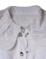 Dolce & Gabbana White Cotton Lace Trim Collared Blouse Top