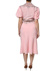 Ermanno Scervino Pink Floral Lace Short Sleeves V-neck Midi Dress