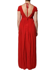 Dondup Red Acetate Short Sleeves Plunging Neckline Maxi Dress