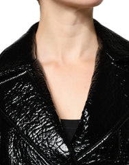 Dolce & Gabbana Black Leather Cropped Long Sleeve Coat Jacket