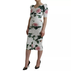 Dolce & Gabbana White Roses Print Stretch Silk Pleated Dress