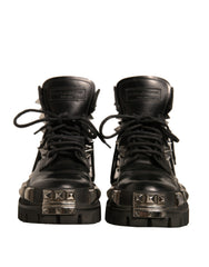 Dolce & Gabbana Black Leather Studded Trekking Boots Shoes