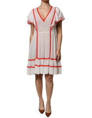 Twinset White Viscose Ruffle Sleeves A-line Pleated Mini Dress